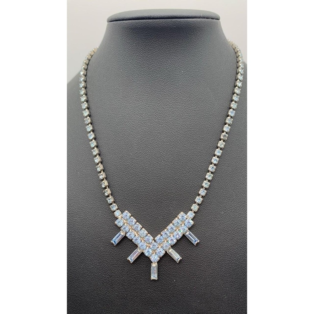 Vintage Ice Blue Prong Set Rhinestones Tennis Style Necklace W Baguette Accents